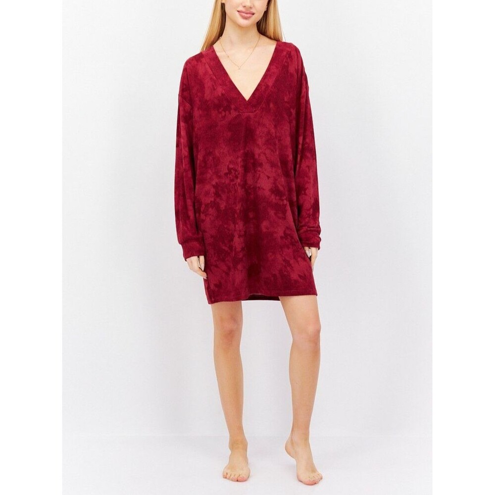 Jenni Intimates Women Tie Dye Full Sleeves Sleepwear Dress, Maroon XS